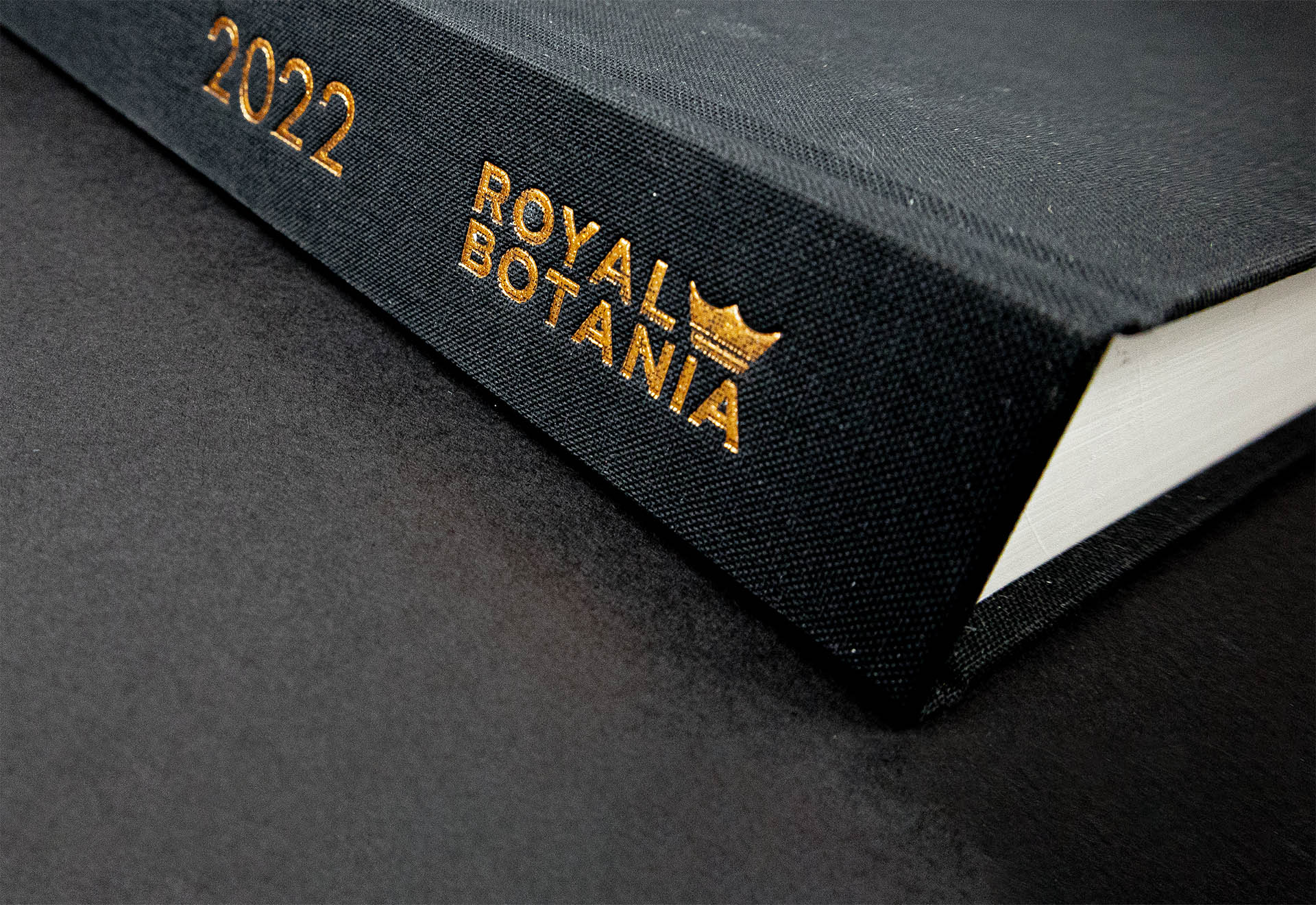 goudfolie op rug van zwarte linnen cover voor catalogus van royal botania